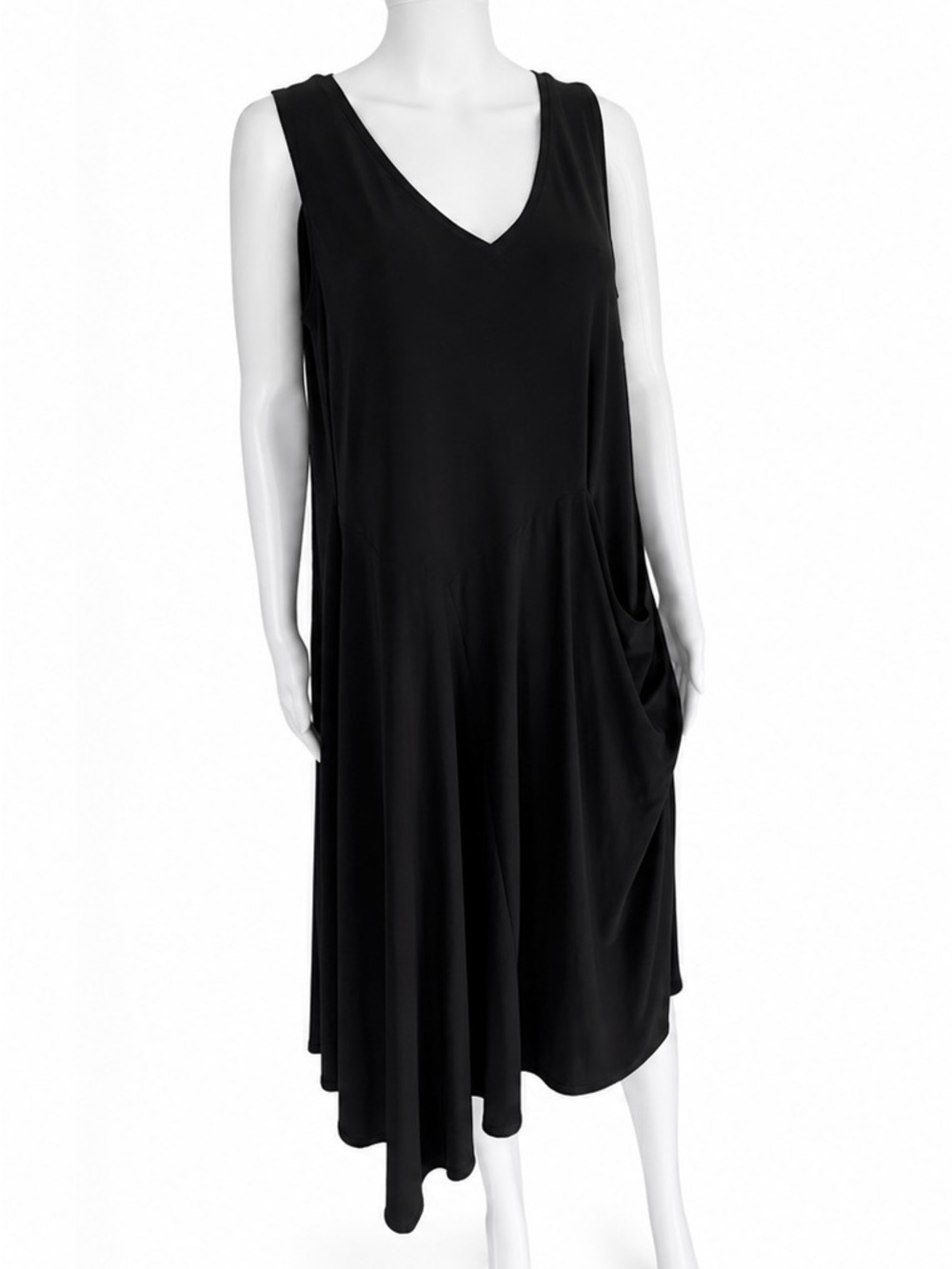 Sympli Black V-Neck Sleeveless Midi with Draped Pockets